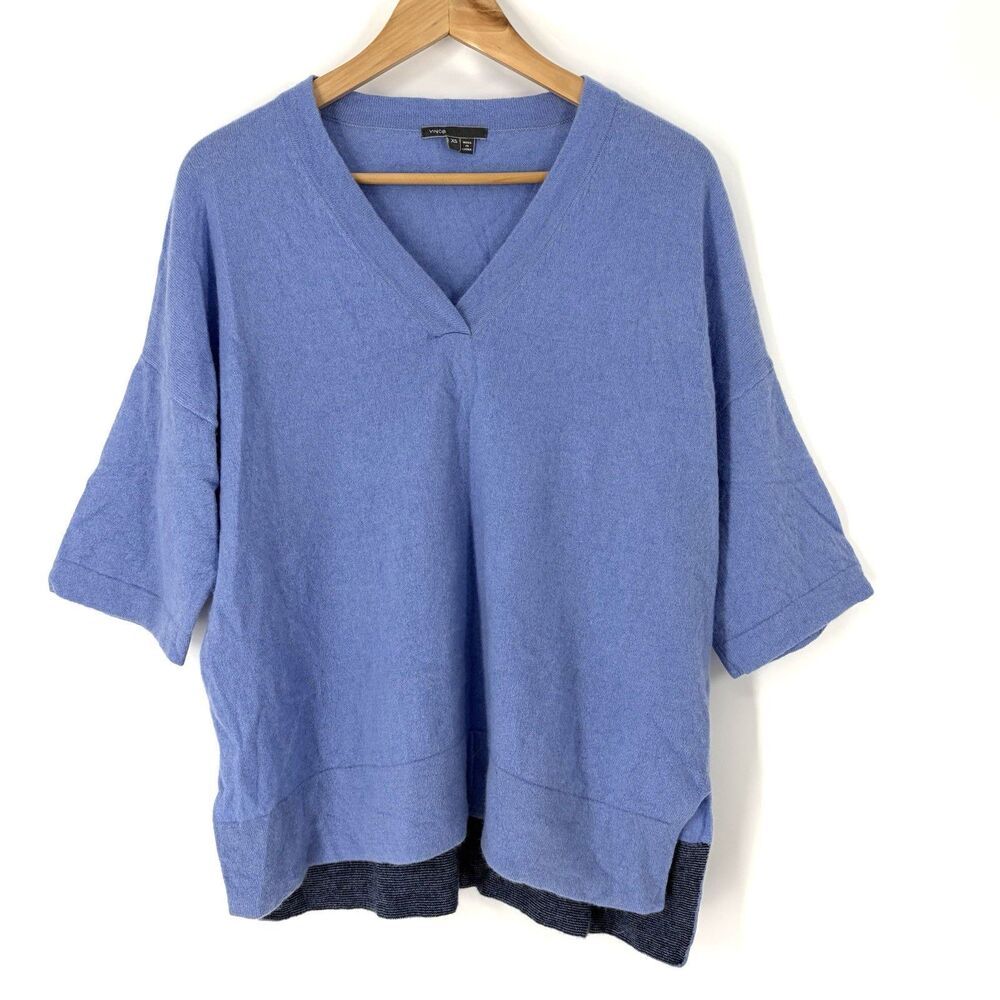 Vince Cashmere Sweater XS Women Blue Oversized Slouch Dolman Short Sleeve V Neck